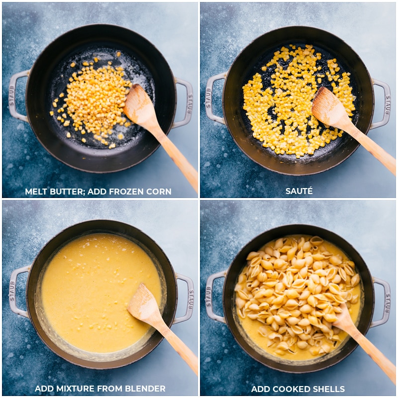Process shots: melt butter and sauté frozen corn; add in the blended mixture; add in cooked pasta.