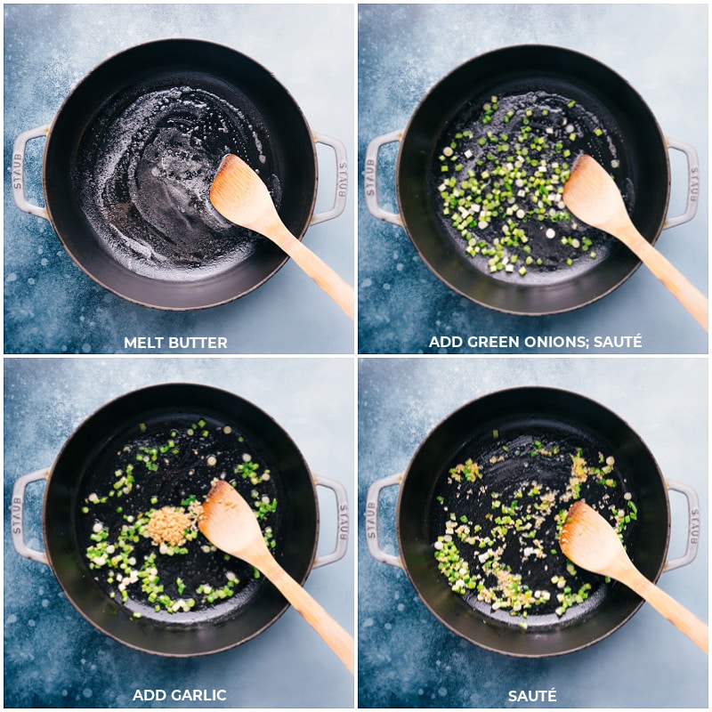 Process shots: melt butter and sauté green onions and garlic.