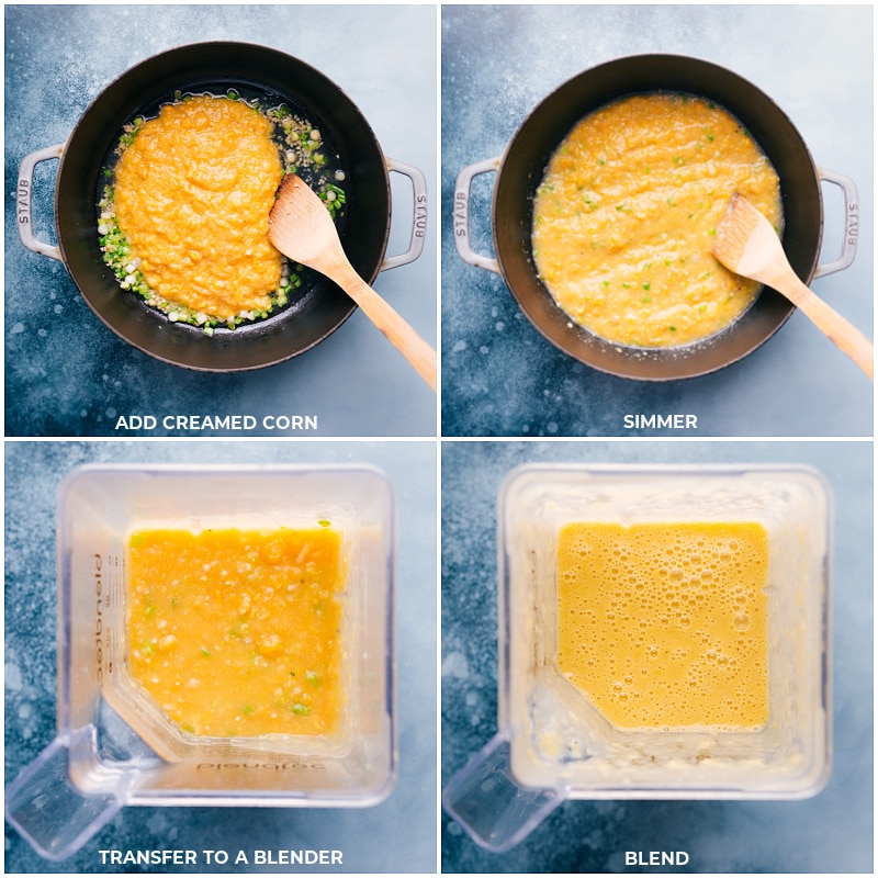 Process shots: Add creamed corn to the pan and simmer; transfer to a blender and process until smooth.