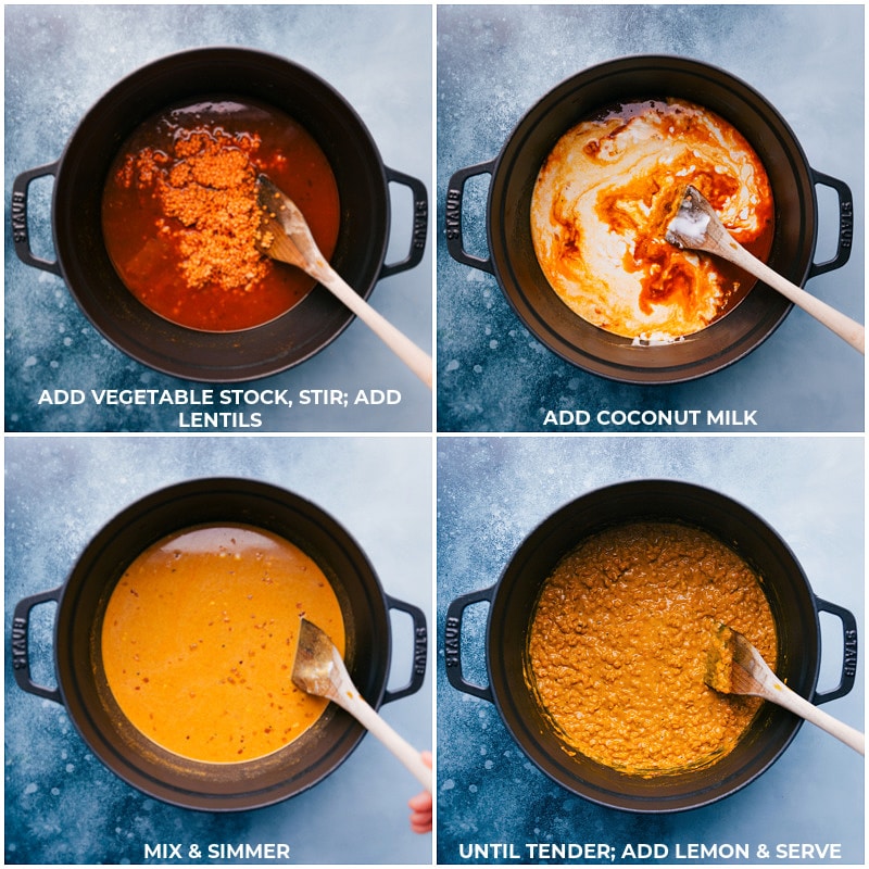 Process shots of Daal-Add vegetable stock to the pan and stir in lentils; add coconut milk; mix and simmer until tender.