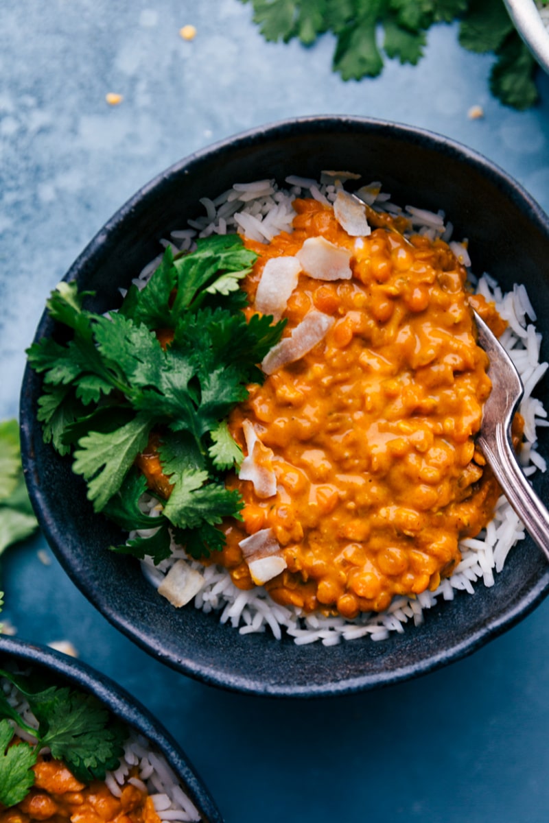 Up-close overhead image of Daal over rice