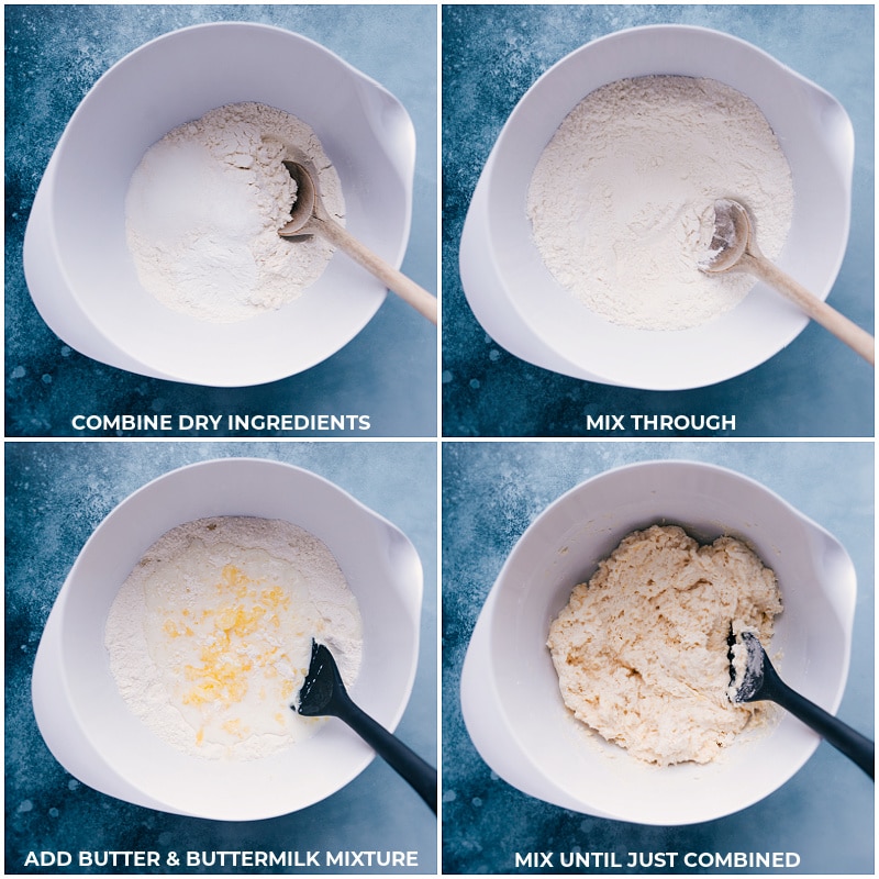 Process shots of drop biscuits-- images of the dry ingredients being mixed together and added to the butter mixture