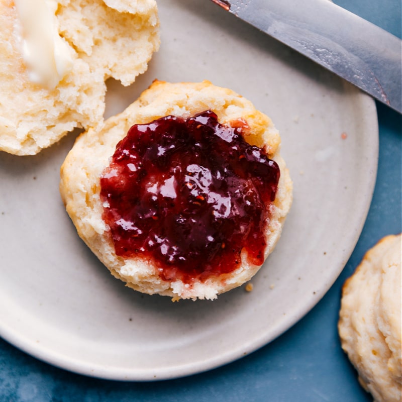 Overhead image of the drop biscuit with jam on top
