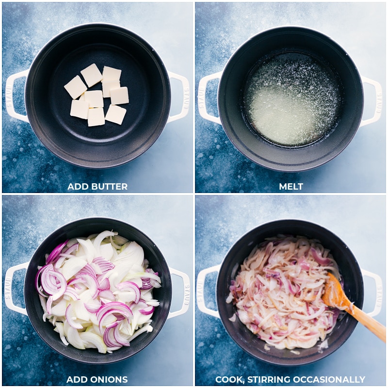 Process shots of the French onion soup-- images of the butter and onions being added and it all being cooked together