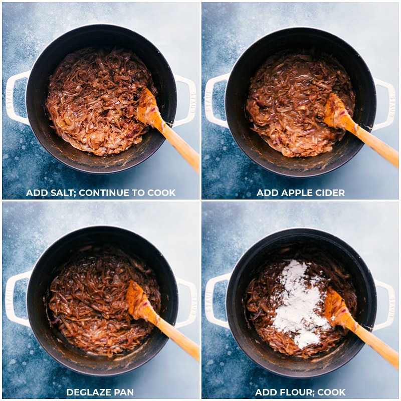 Process shots-- images of the salt, apple cider, and flour being added and it all being cooked together