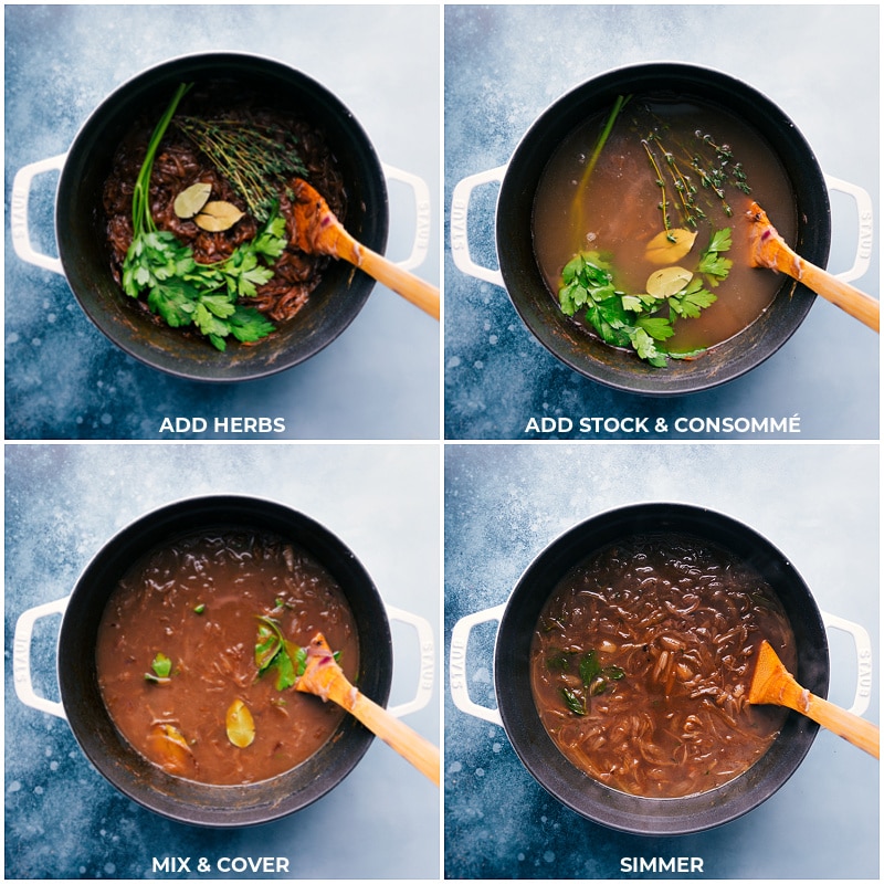 Process shots of French onion soup-- images of the herbs, stock, and consommé being added and it all simmering together