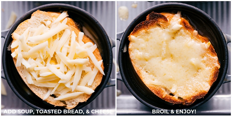 Process shots-- images of the bread, cheese, and soup being added on top of the French onion soup
