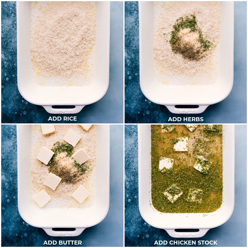 Process shots-- adding the rice, herbs, butter, and chicken stock to the pan