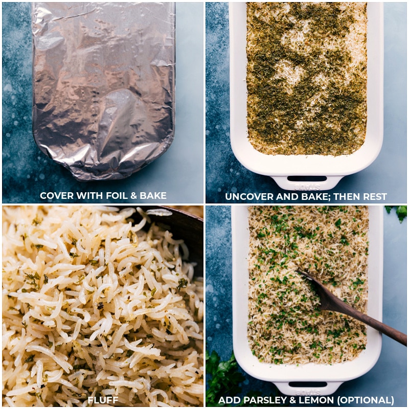 Process shots of herb rice-- cover the rice and bake; then fluff the rice, add parsley and lemon, and mix well.