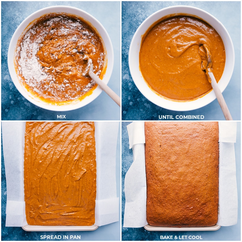 Process shots: mix the batter; spread in pan and bake; let it cool