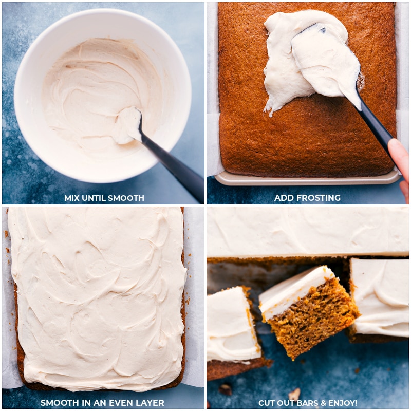 Process shots: mix frosting until smooth; dollops go on the cake; smooth in an even layer; cut out and serve