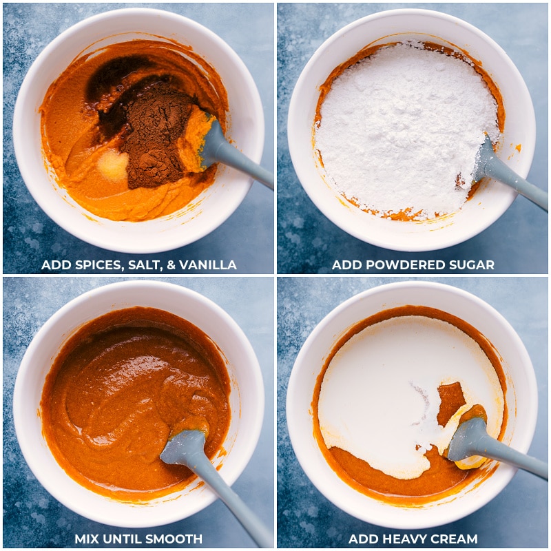 Process shots-- adding the spices, salt, vanilla, powdered sugar to a bowl and mixing it all together.