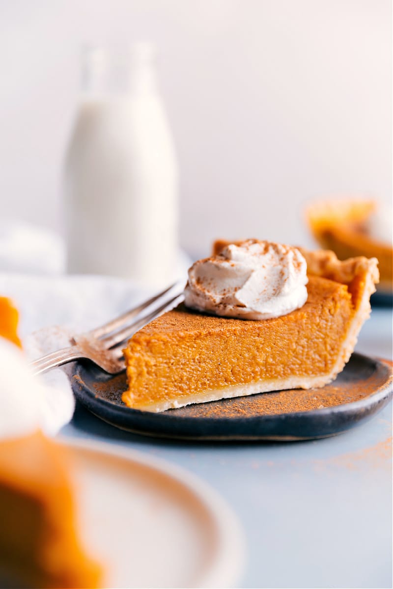 Image of a slice of the Pumpkin Pie on a plate, ready to be eaten