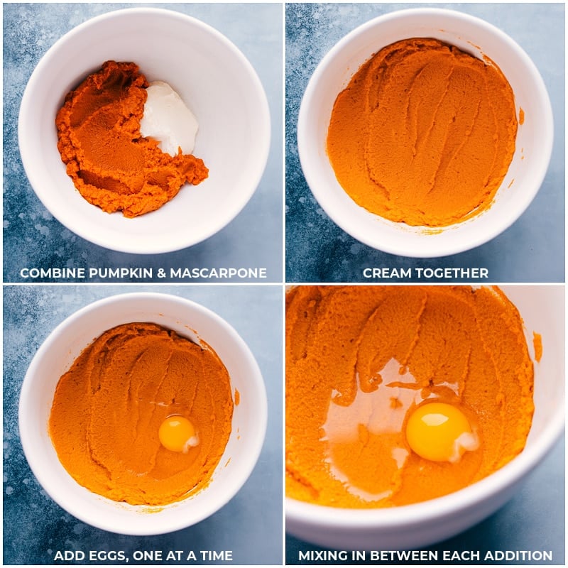 Process shots-- adding pumpkin, mascarpone, and eggs to a bowl and mixing it all together