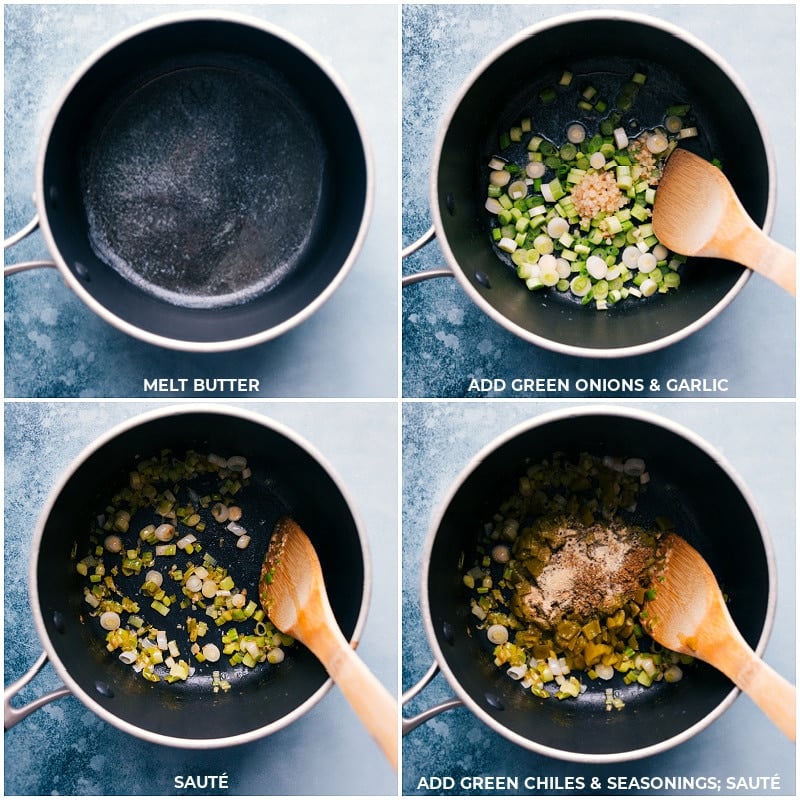 Process shots-- images of the butter, green onions, garlic, green chiles, and seasonings