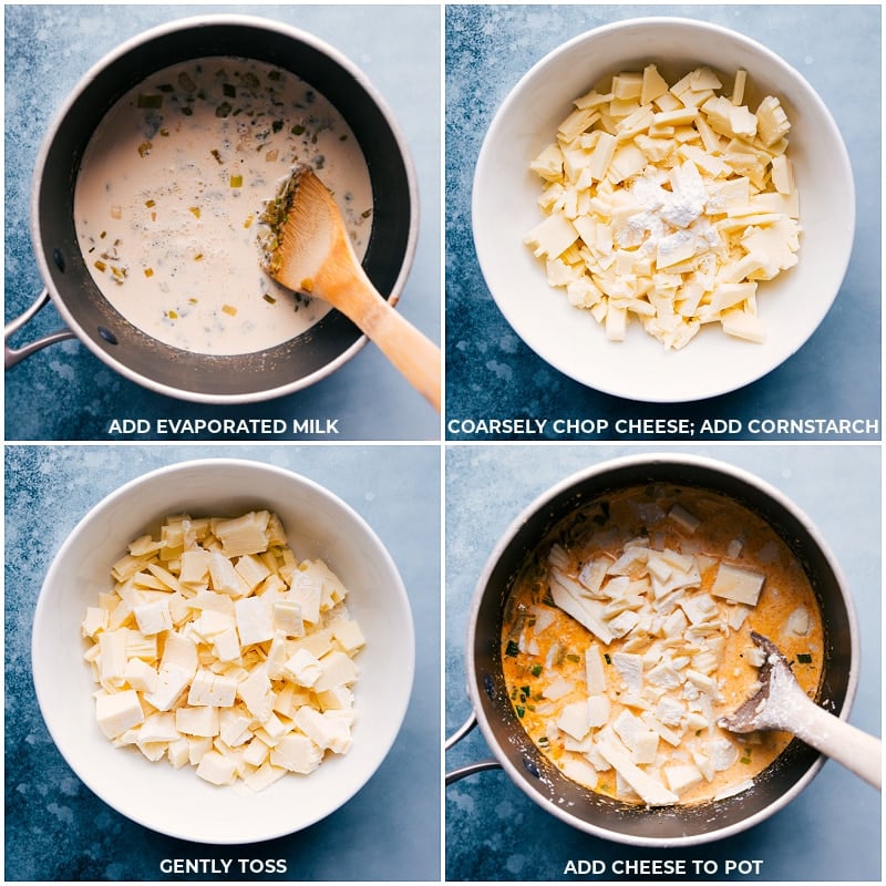 Process shots of Queso dip recipe-- images of the evaporated milk, cheese, and cornstarch being added and melted together