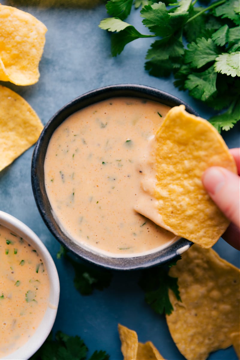 Up-close overhead image of the Queso dip recipe being served