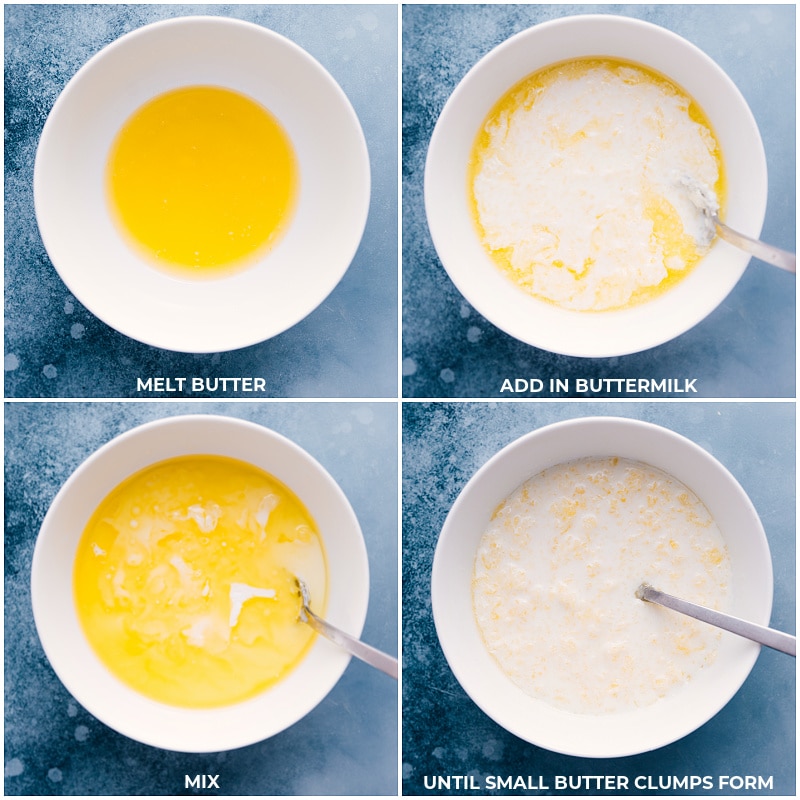 Process shots: melt the butter; add in buttermilk and mix until small butter clumps form.