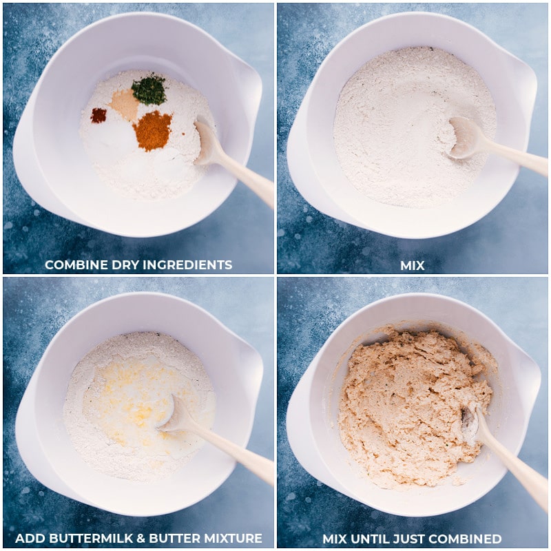 Process shots: combine dry ingredients; mix; add buttermilk and butter mixture; mix briefly