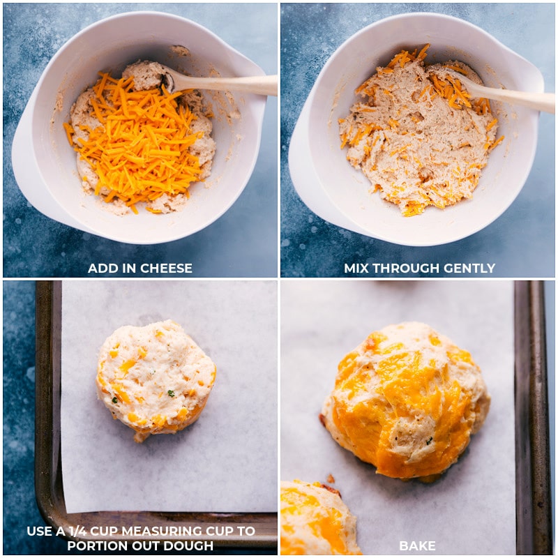 Process shots of the red lobster biscuits: add cheese to the dough; mix gently; drop by 1/4-cups to the pan; bake