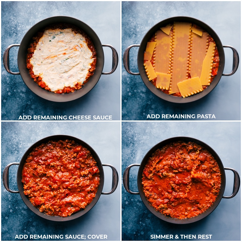 Process shots of Skillet Lasagna-- more layers being added and then it all simmering
