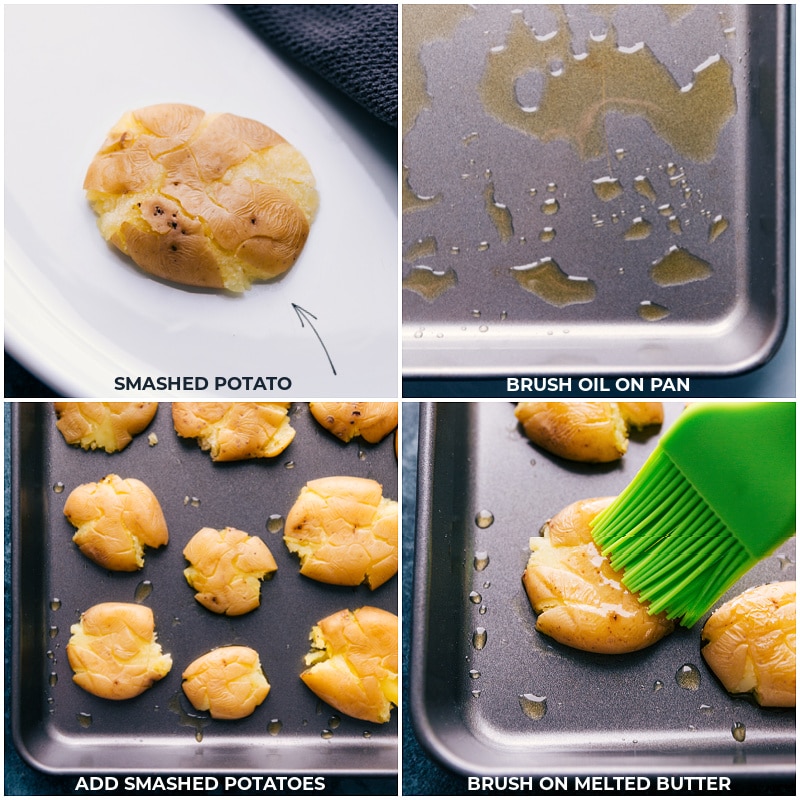 Process shots-- brush oil onto a baking pan; add potatoes; brush again with oil.
