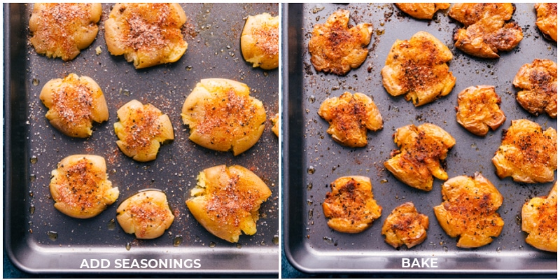 Process shots--adding the seasonings to the potatoes; the baked potatoes.