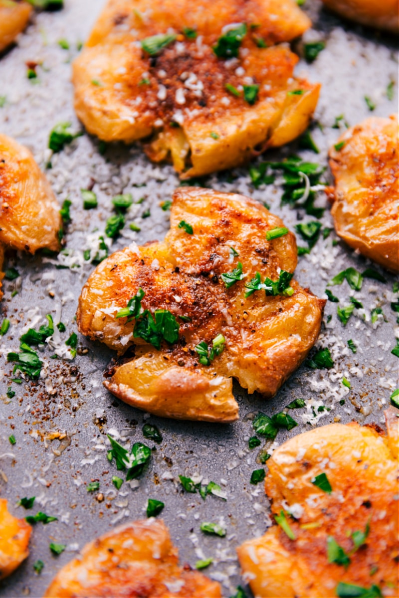 Close up of the freshly baked Smashed Potatoes