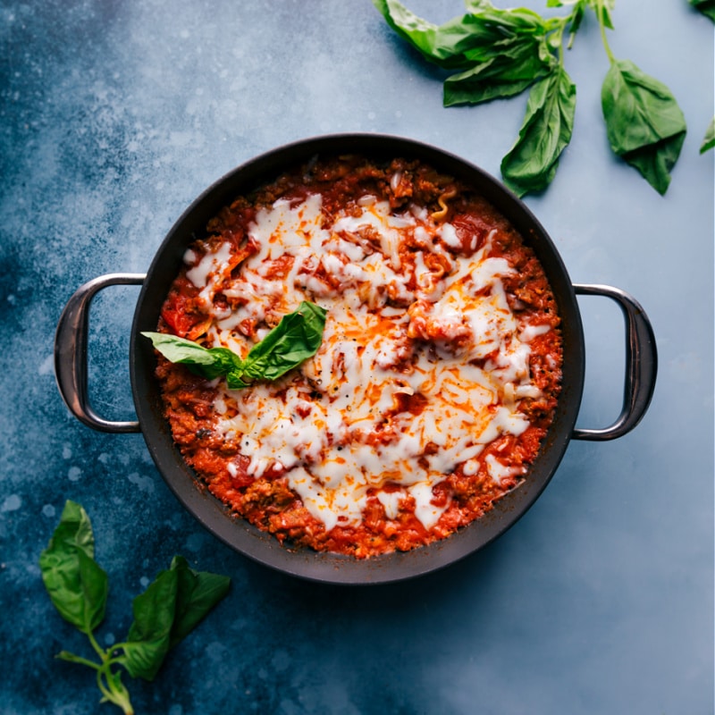 Overhead image of Skillet Lasagna ready to be enjoyed