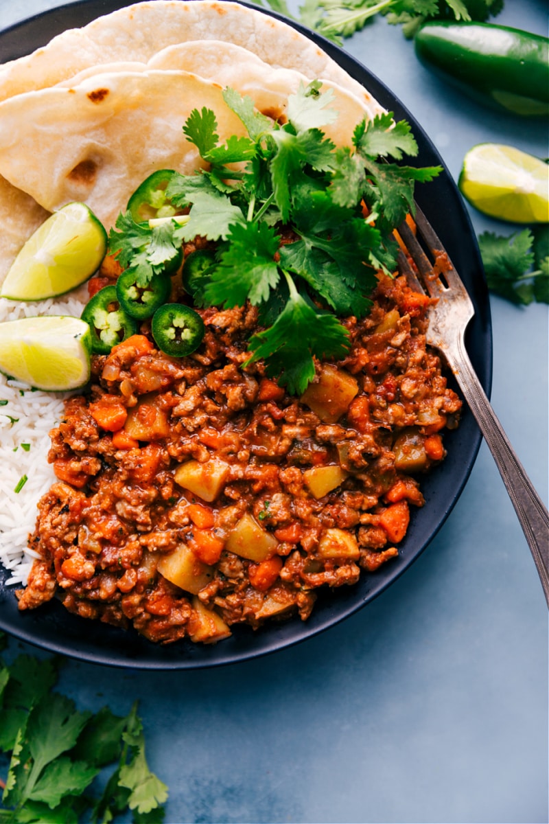 Turkey Picadillo with tortillas and rice