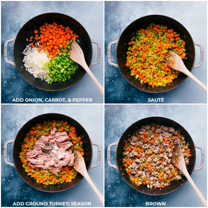 Process shots: Sauté vegetables in olive oil; add ground turkey and continue to brown.