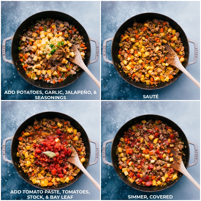 Process shots of the turkey picadillo: add more veggies and seasoning; add tomato and stock; simmer, covered.