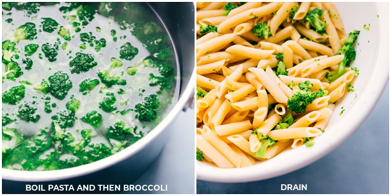 Process shots--adding the broccoli to the boiling pasta partway through the cooking time