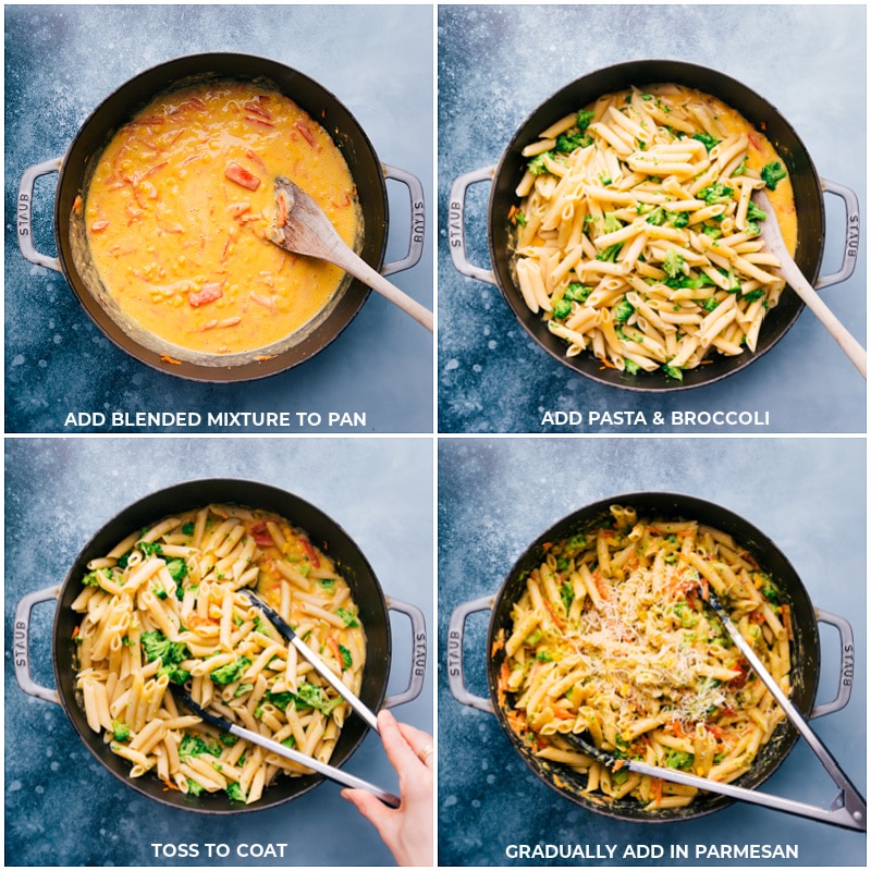 Process shots of Vegetable Pasta-- add the blended mixture back to the skillet and then add drained pasta and broccoli and toss it all together