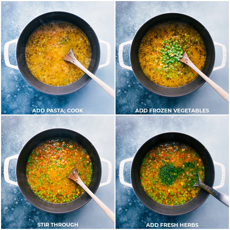 Process shots of the vegetable noodle soup: add pasta to the pan; add frozen vegetables; stir through; add fresh herbs