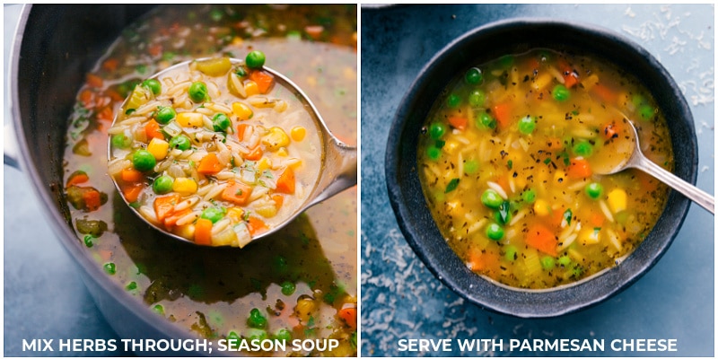 Process shots of vegetable noodle soup: mix herbs through and season the soup; serve with Parmesan cheese