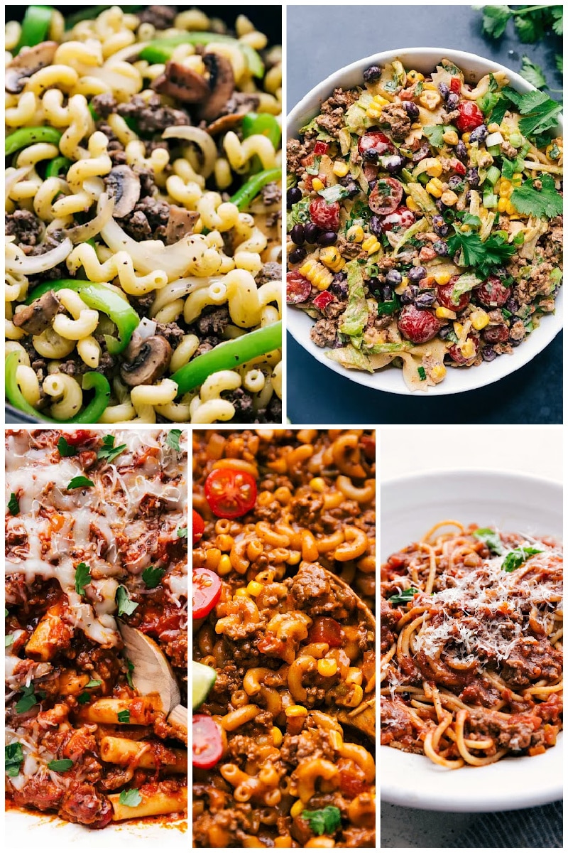 Images of 5 different pasta dishes
