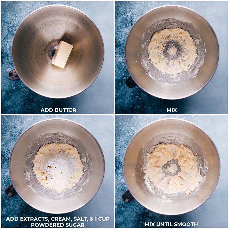 Process shots-- images of the butter, extracts, cream, salt, and powdered sugar being added and mixed together