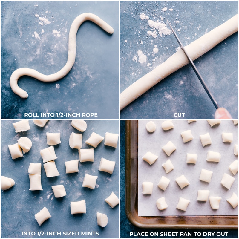 Process shots: roll the dough into a rope; cut into 1/2-inch chunks; set aside to dry