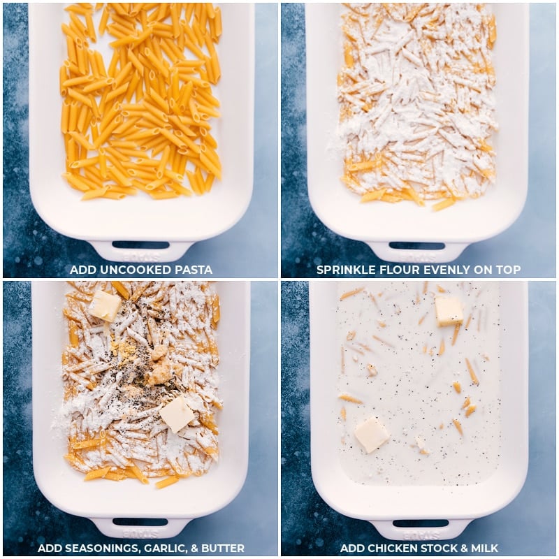 Process shots-- images of the pasta, flour, seasonings, garlic, butter, chicken stock, and milk all being added to the 9x13