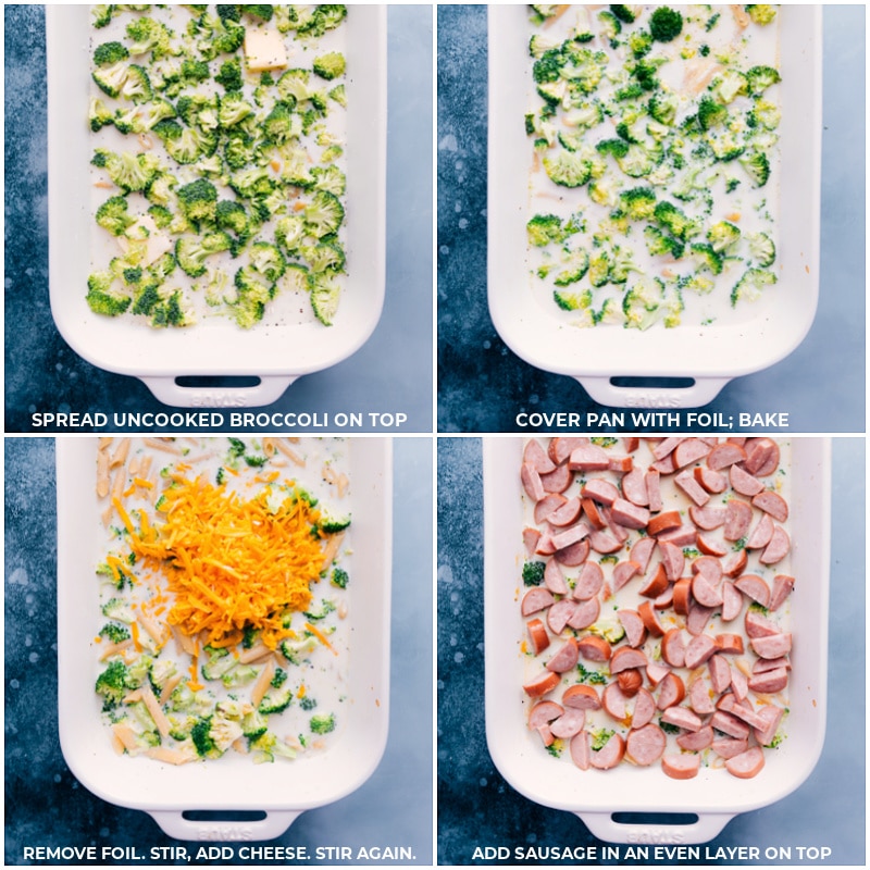 Process shots of Cheesy Sausage Pasta-- images of the broccoli, cheese, and sausage being added and it all being mixed together