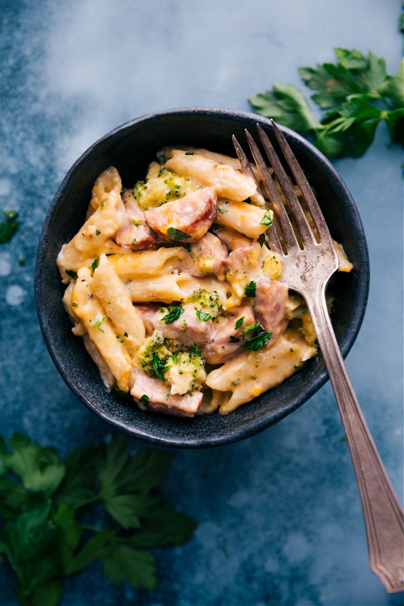 Overhead image of Cheesy Sausage Pasta in a bowl ready to be eaten