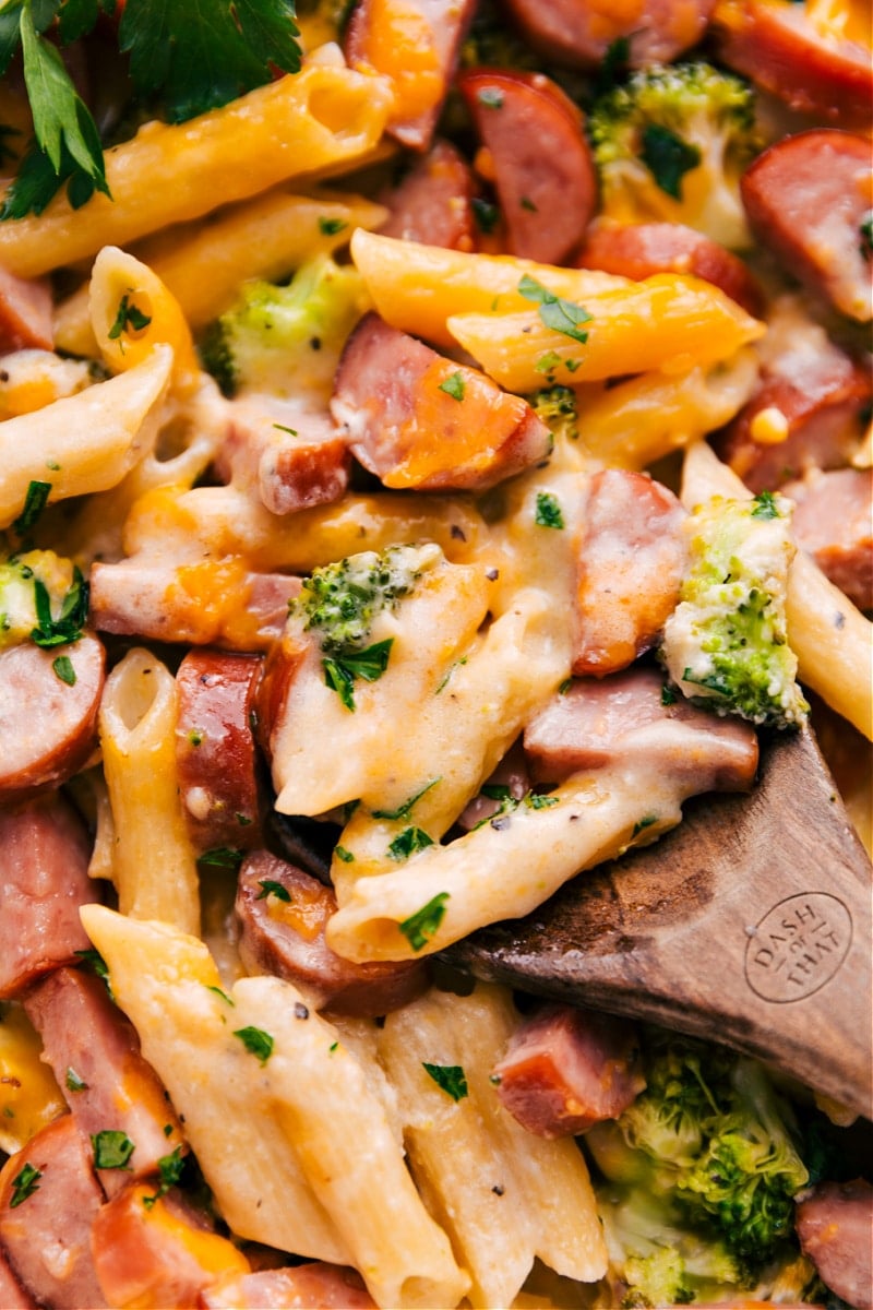 Overhead image of the Cheesy Sausage Pasta