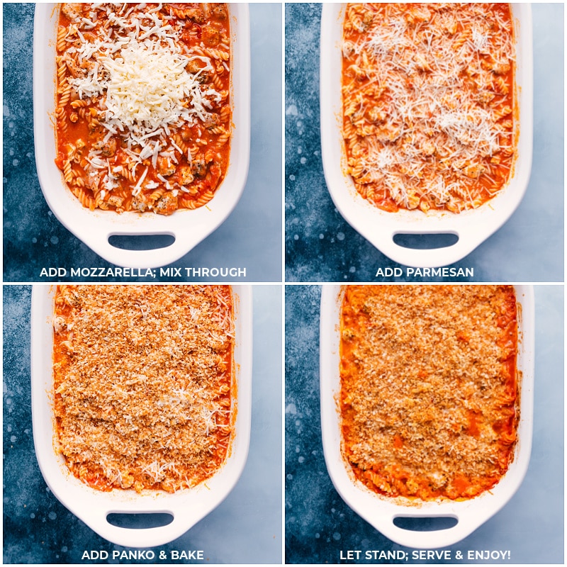 Process shots-- images of the mozzarella, Parmesan cheese, and panko being added and then being baked