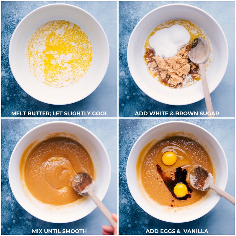 Process shots-- melt and cool the butter; add the white and brown sugar; mix until smooth; add eggs and vanilla 