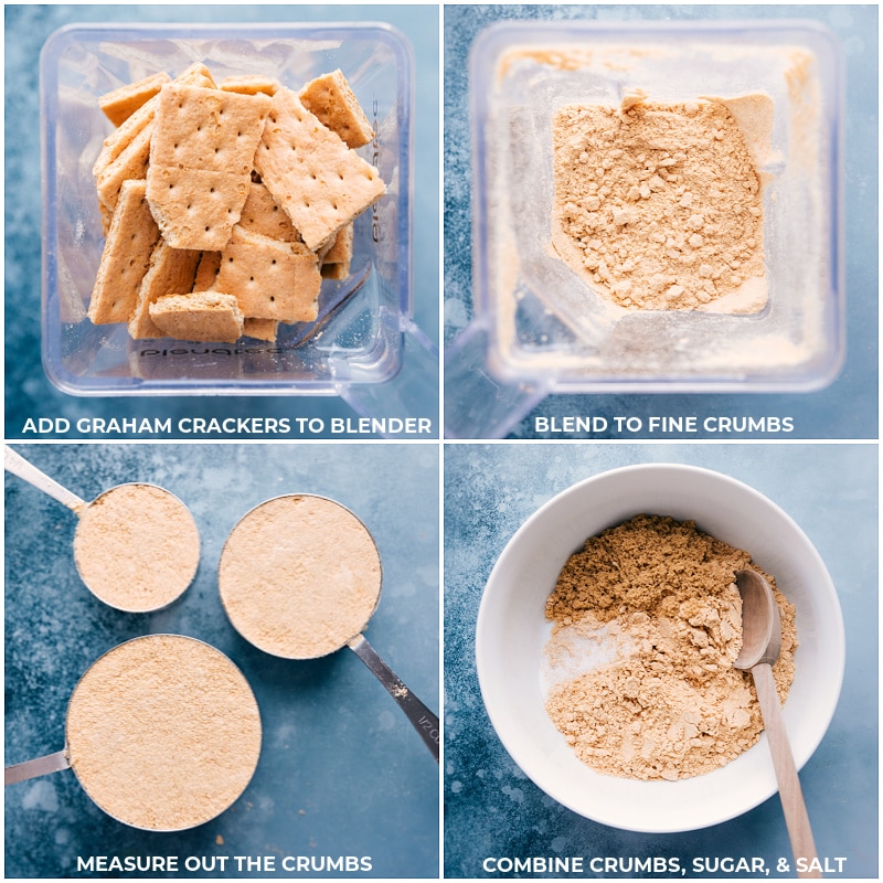 Process shots-- images of the graham crackers being blended and it being added to a bowl along with sugar and salt and it all being mixed together