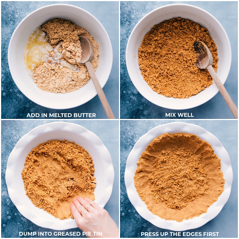 Process shots of the Graham Cracker Crust-- images of the butter being added and it all being mixed together and pressed into the pie pan