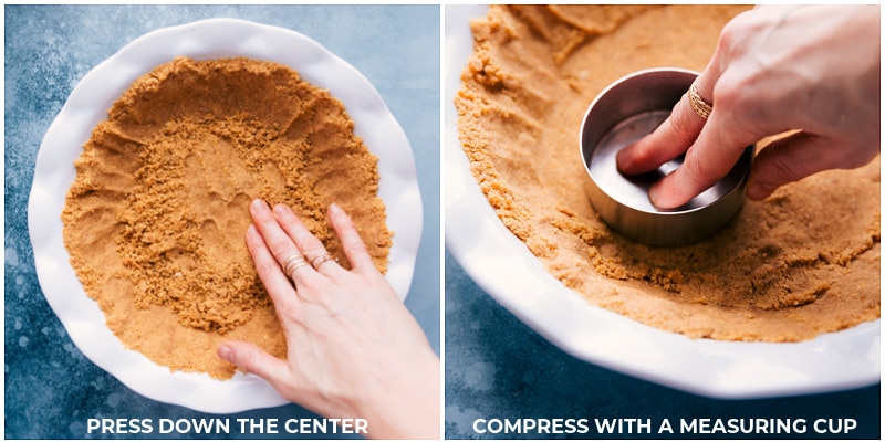 Process shots of the Graham Cracker Crust-- images of the center being pressed down with a measuring up to make sure its firm