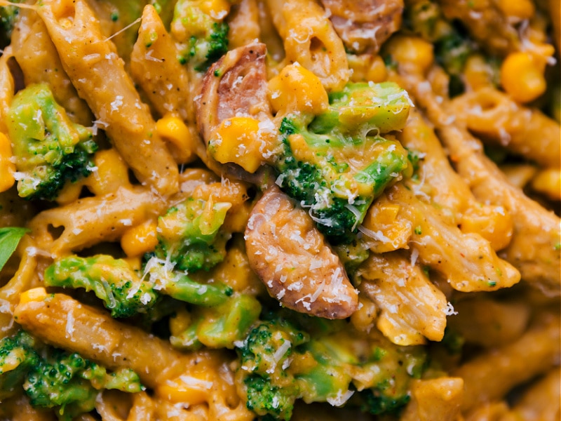 Up-close overhead image of Healthy Pasta Bake, ready to serve