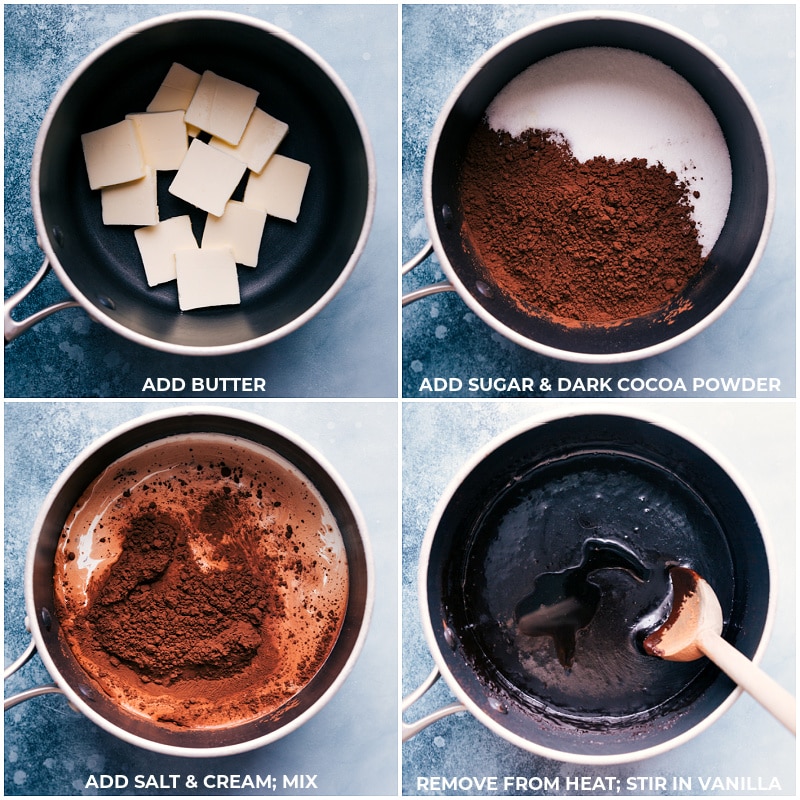 Process shots of hot fudge sauce-- images of the butter, sugar, cocoa powder, salt, and cream being added to a pot and it all being mixed together; vanilla being added